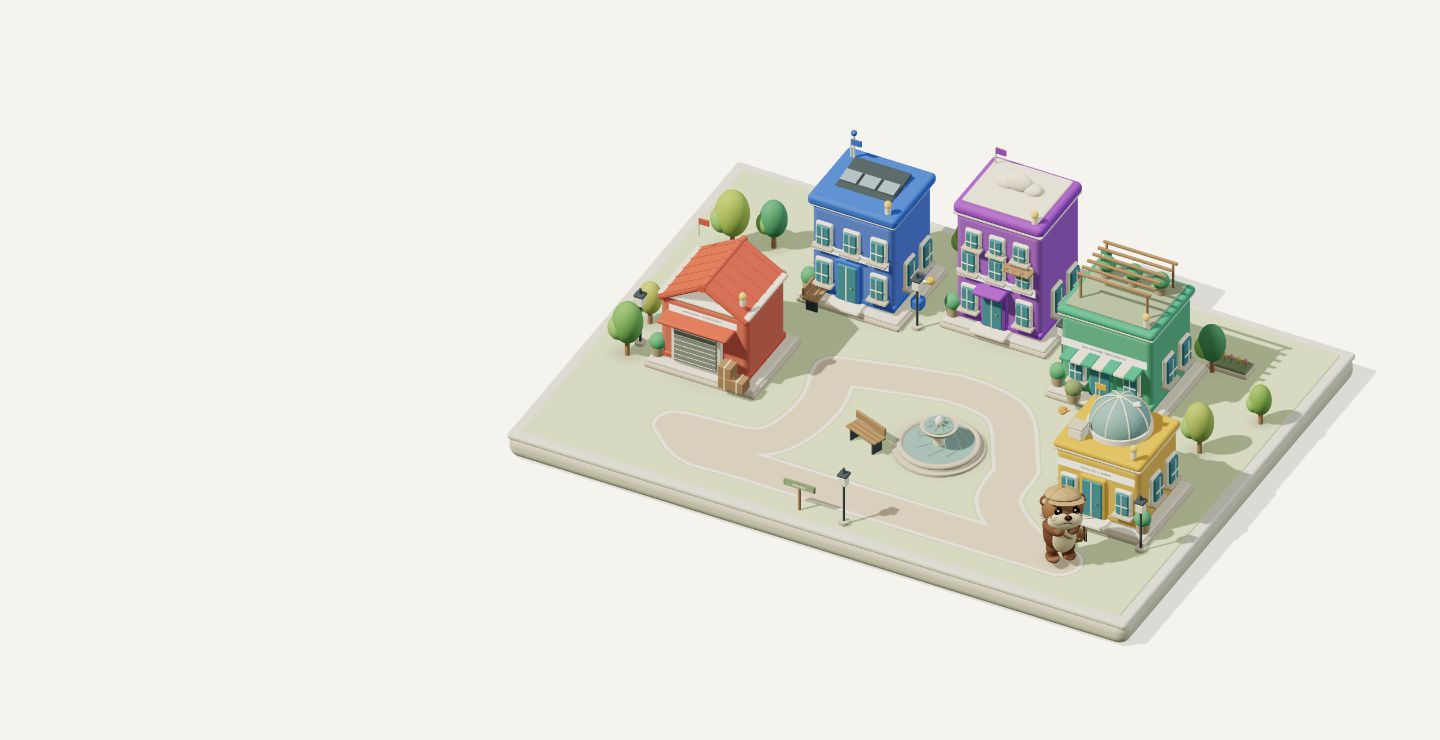 Otto, a sea otter scout, exploring five colorful company buildings in a neighborhood.